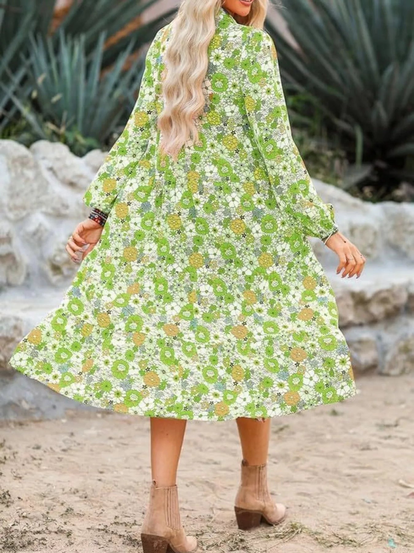 Floral Print Balloon Sleeve Midi Dress