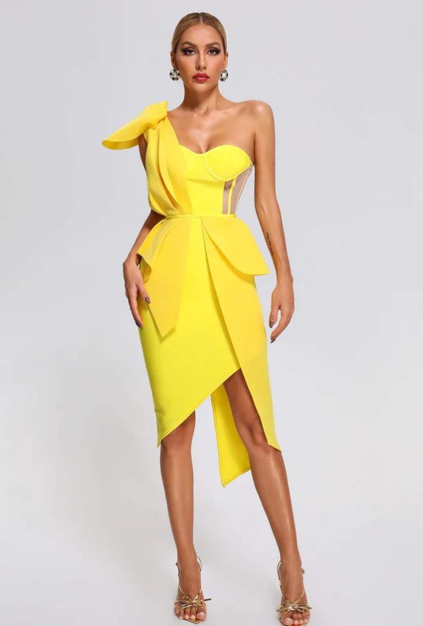Irregular one-shoulder bow knot Midi Dress