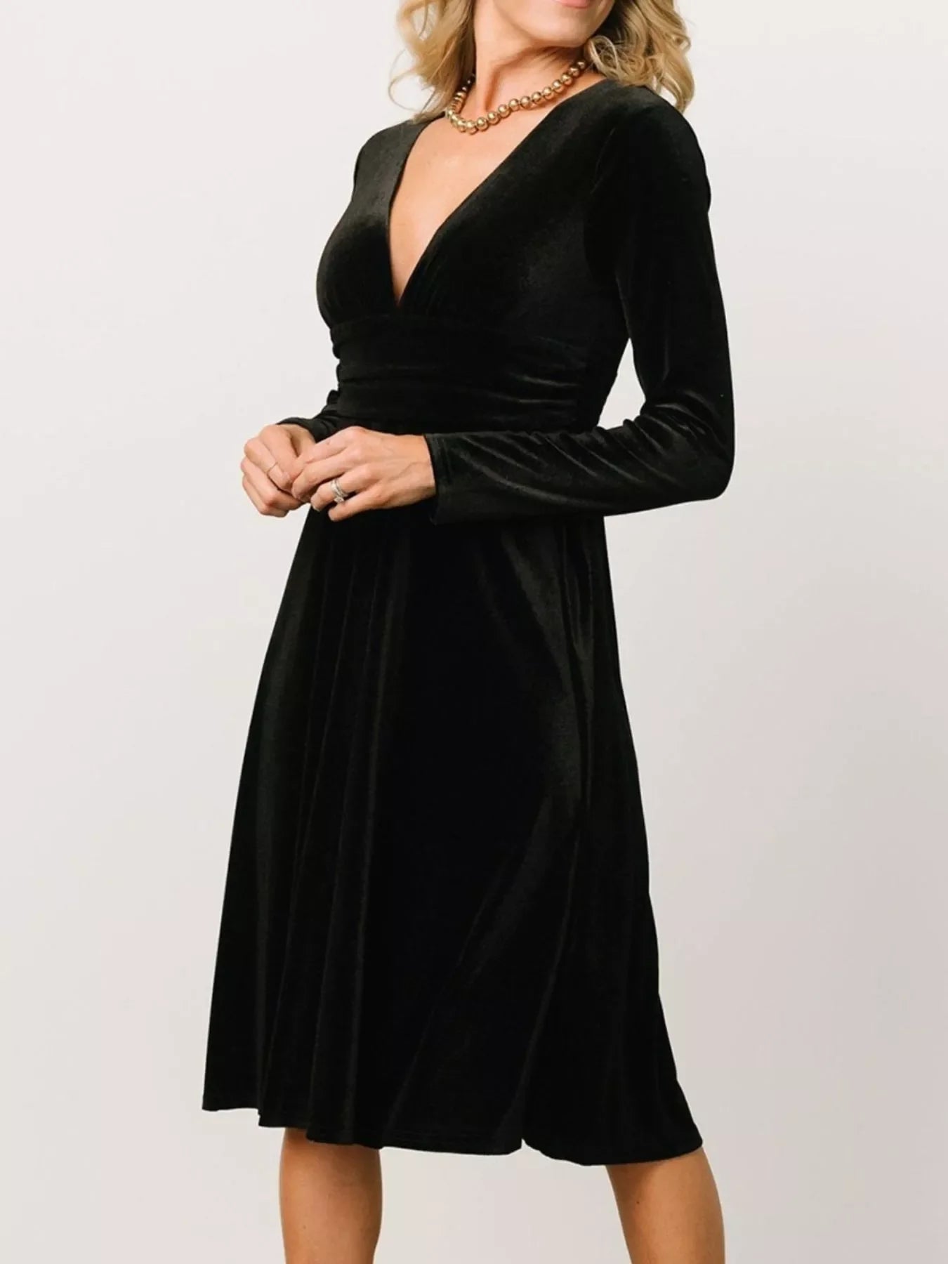 Velvet Deep V-Neck Long Sleeve Dress