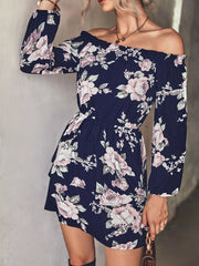 Off-Shoulder Floral Print Long Sleeve Mini Dress