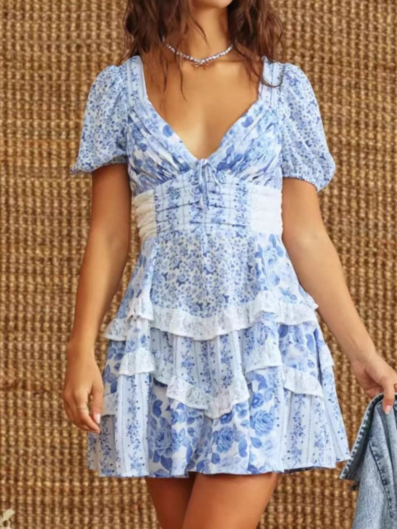 Floral Puff Sleeve Tiered Mini Dress
