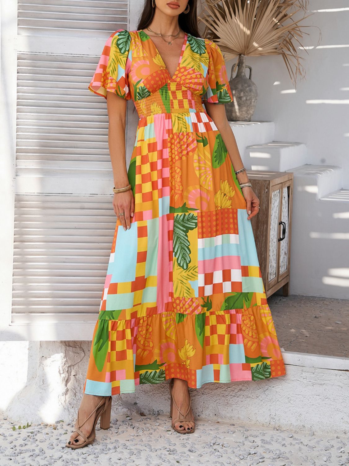Devine Smocked Printed V-Neck Short Sleeve Maxi Dress