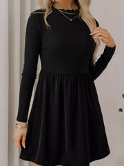 Frilled Neck Ribbed Knit Patchwork Long Sleeve Mini Dress