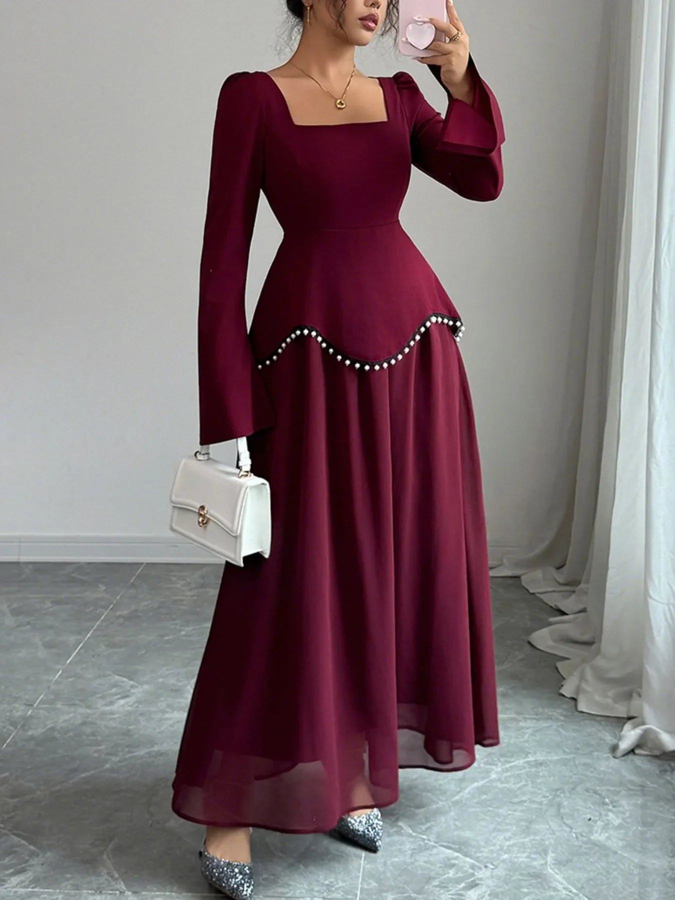 Square Neck Long Sleeve Maxi Dress