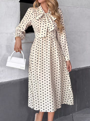 Polka Dot Tie Front Long Sleeve Midi Dress