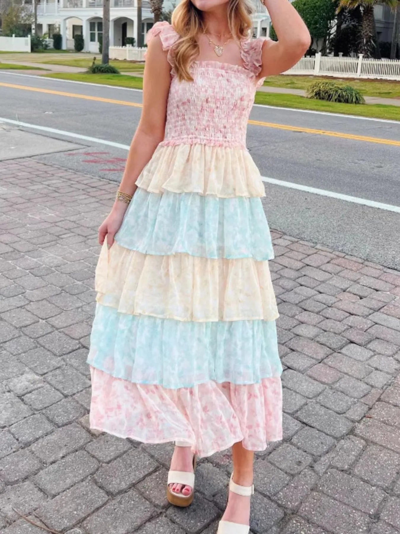 Smocked Ruffle Layered Floral Midi Dress