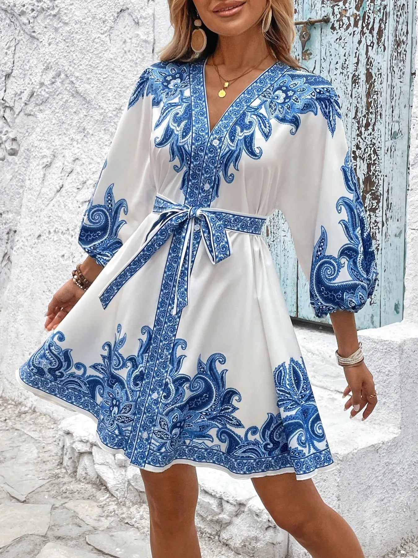 Printed V-Neck Balloon Sleeve Mini Dress