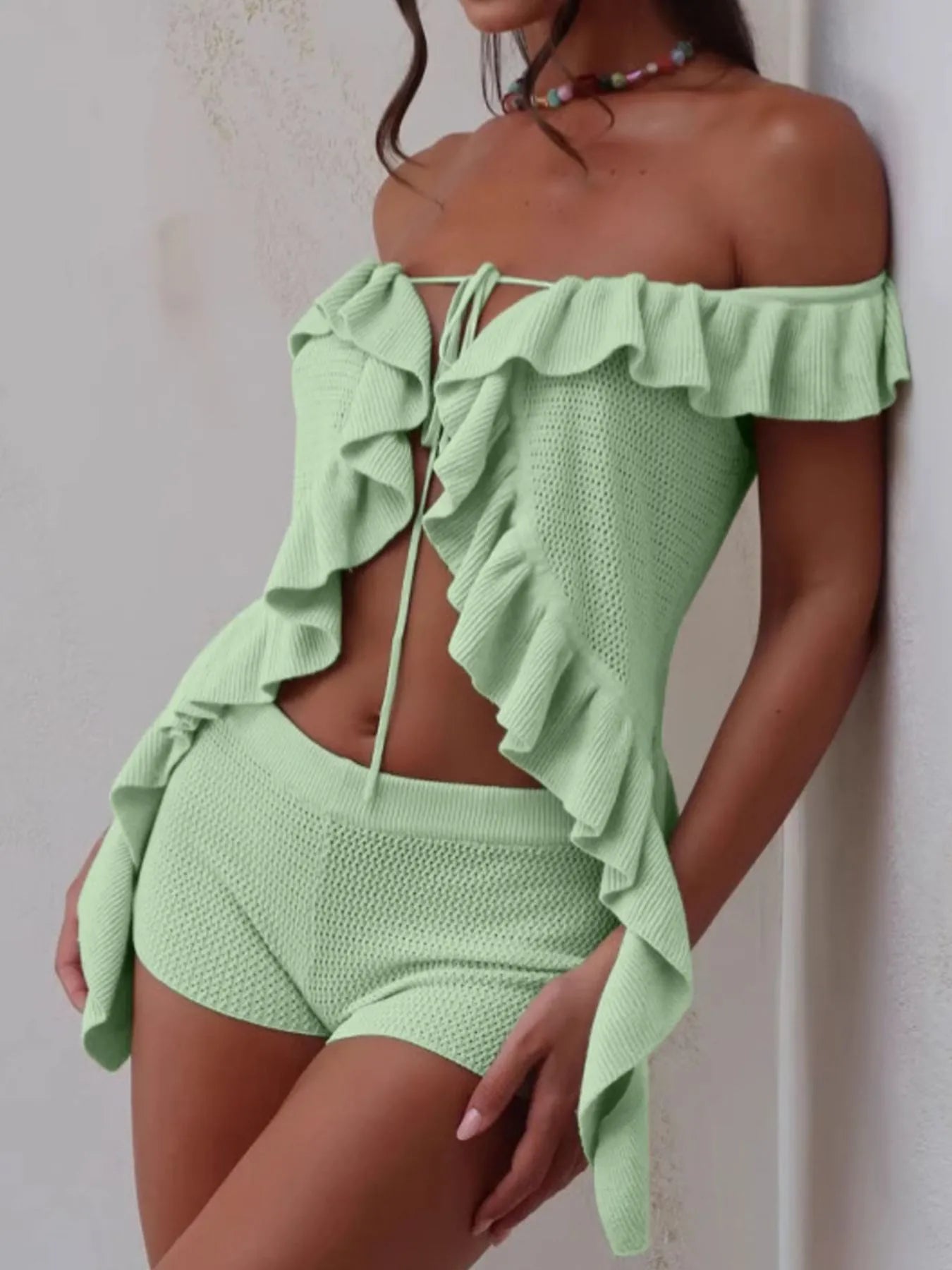 Off-Shoulder Ruffle Top and Shorts Sweater Set