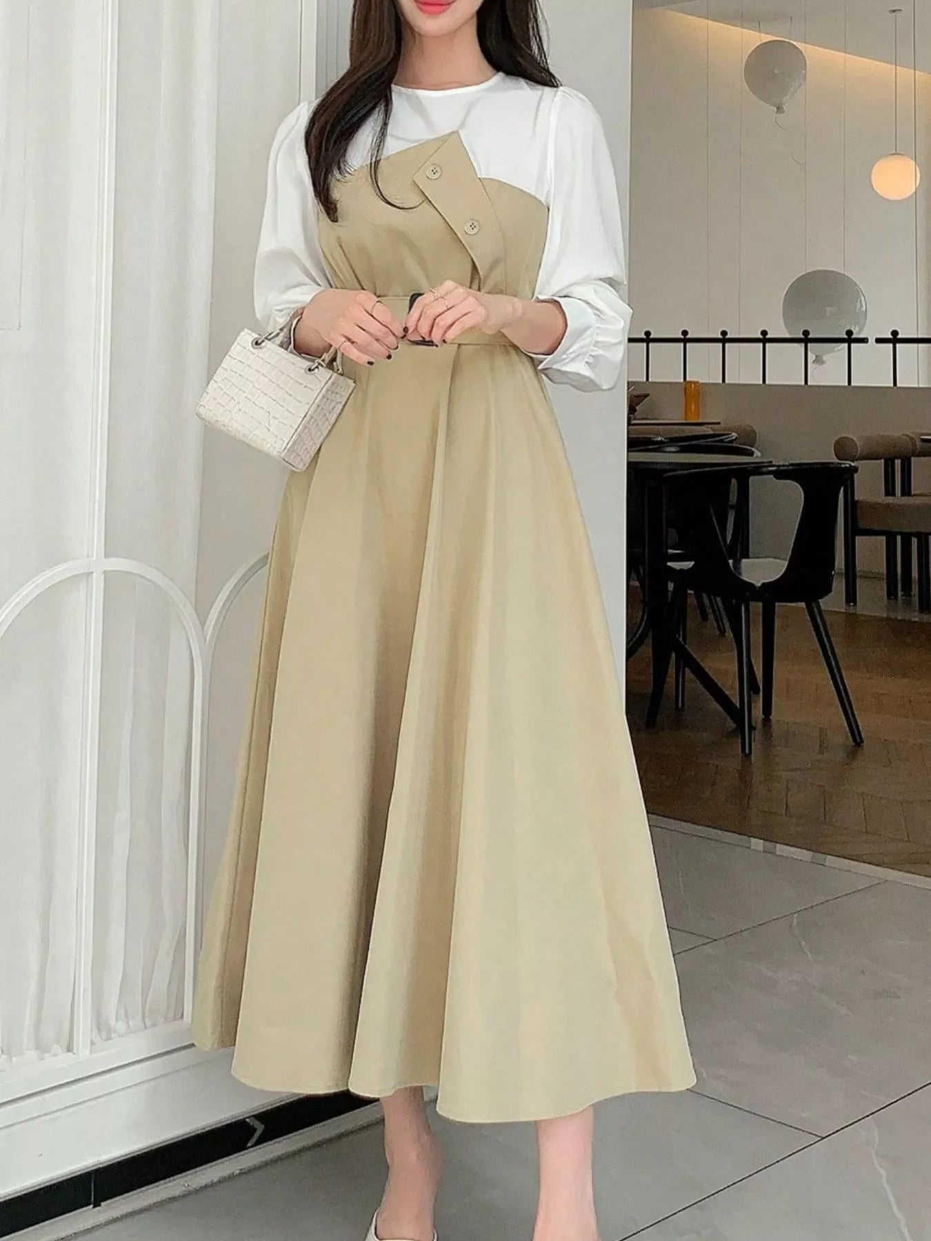 Contrast Long Sleeve Midi Dress with Belted