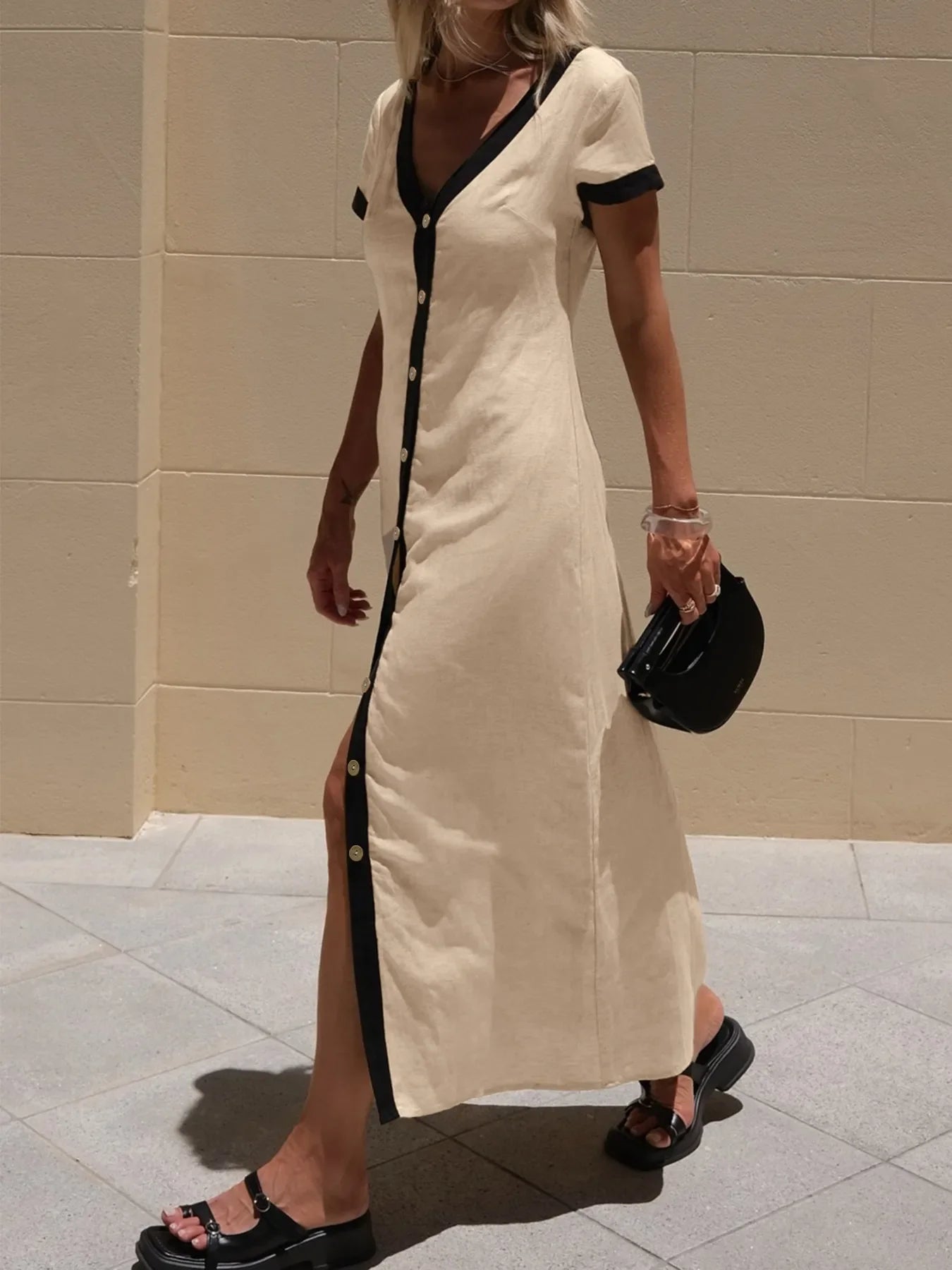Button-Front Contrast Trim Midi Dress