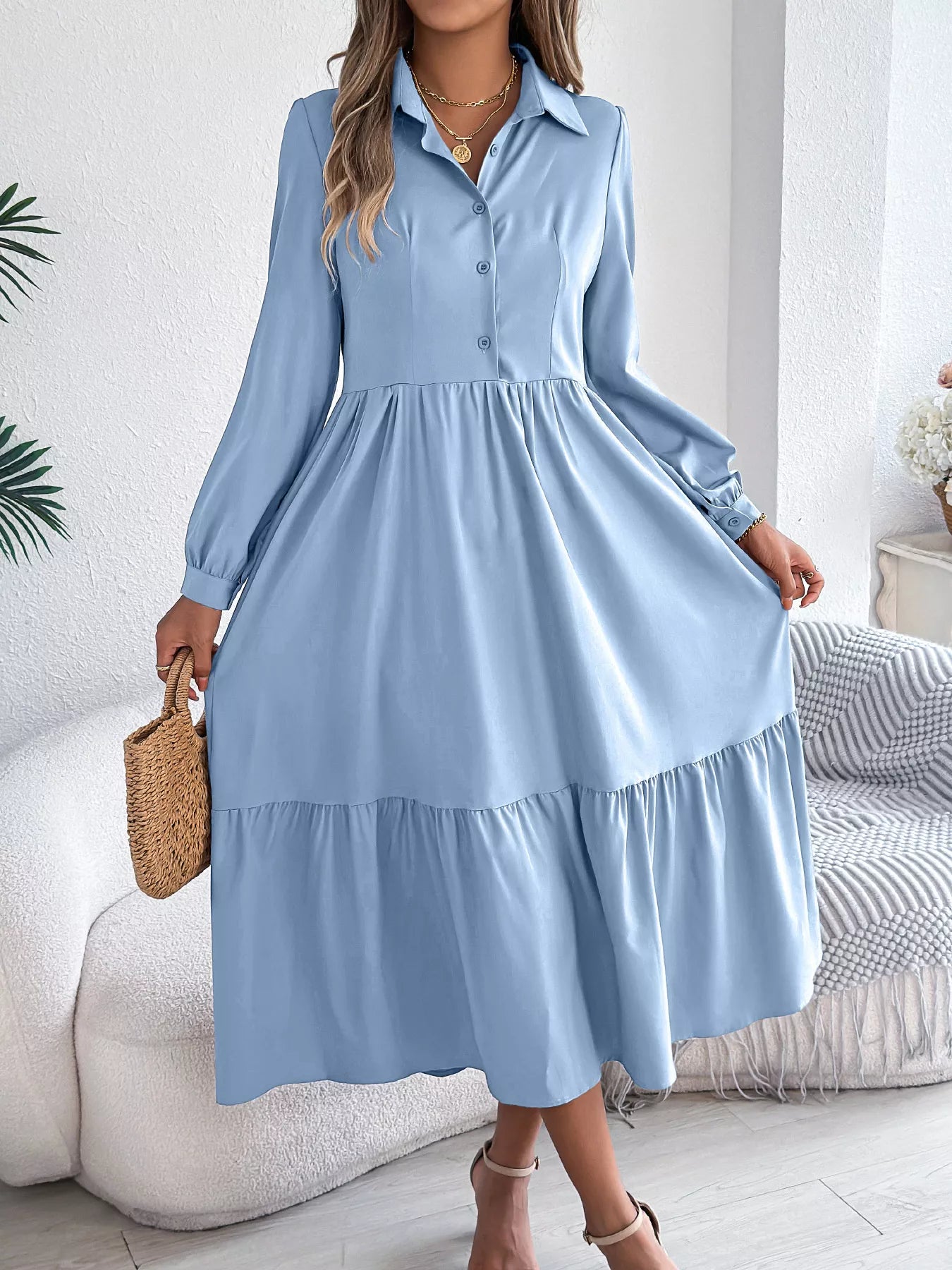 Long Sleeve Tiered Button Front Midi Dress