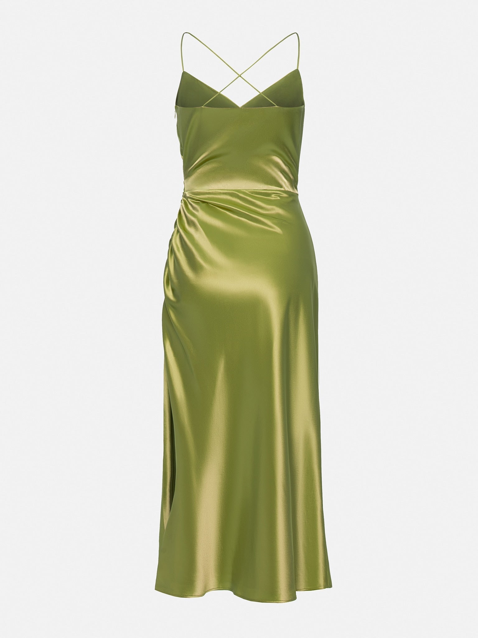 Satin V-neck Side Gathered Dress-Green