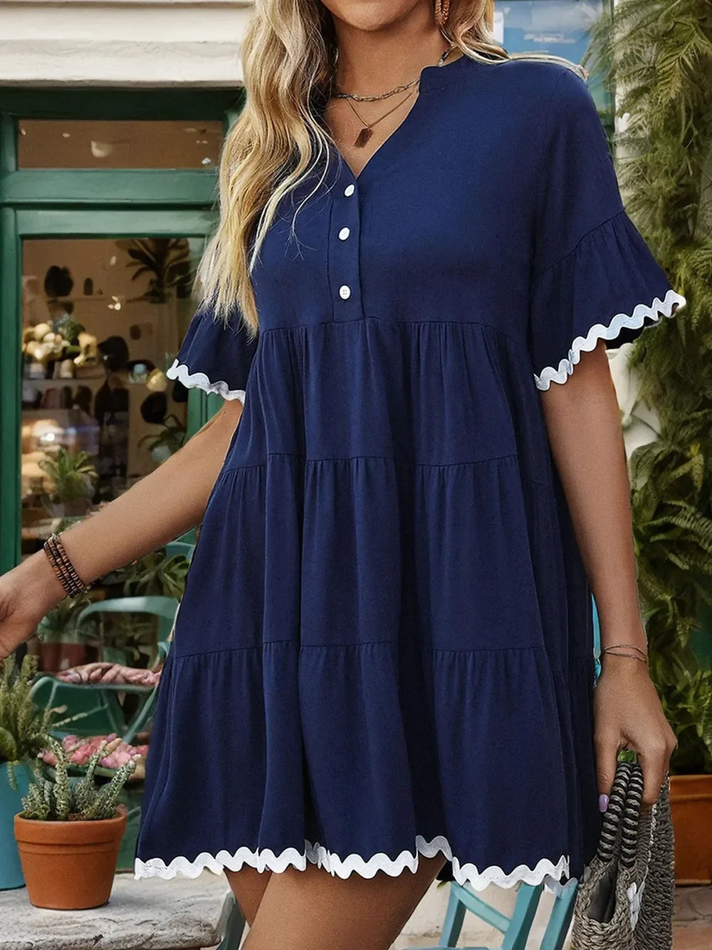 Perfee Contrast Trim Notched Short Sleeve Mini Dress