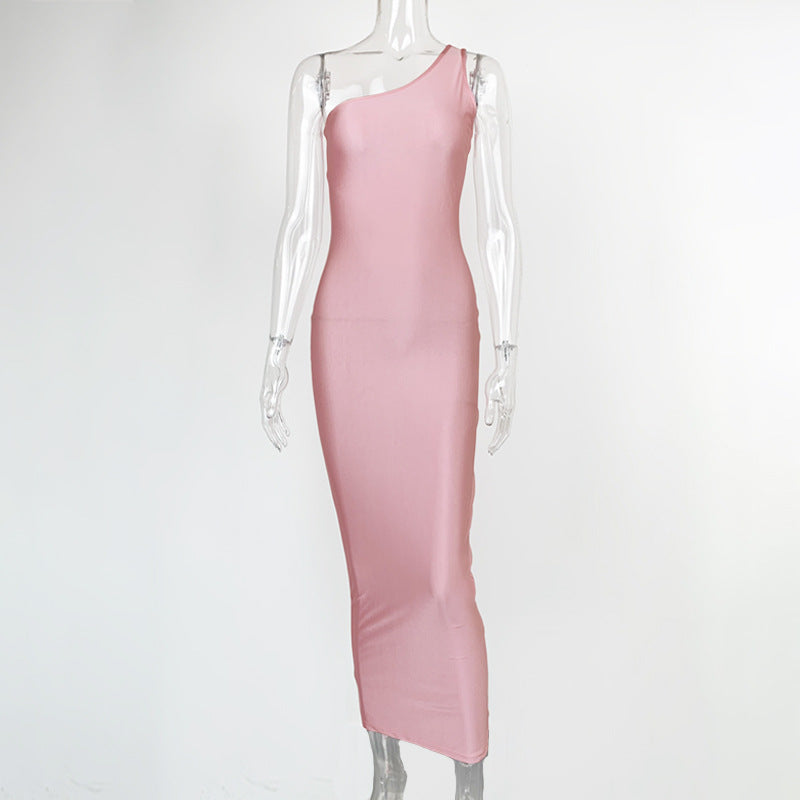 One Shoulder Sleeveless Long Dress Slim Fit-Pink