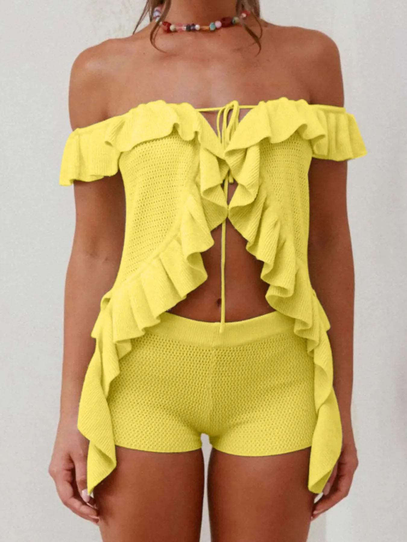 Off-Shoulder Ruffle Top and Shorts Sweater Set
