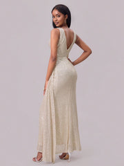 Slit Sequin Surplice Sleeveless Maxi Dress