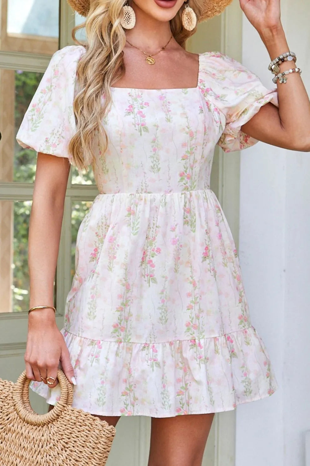 Floral Puff Sleeve Square Neck Knotted Open Back Ruffled Mini Dress