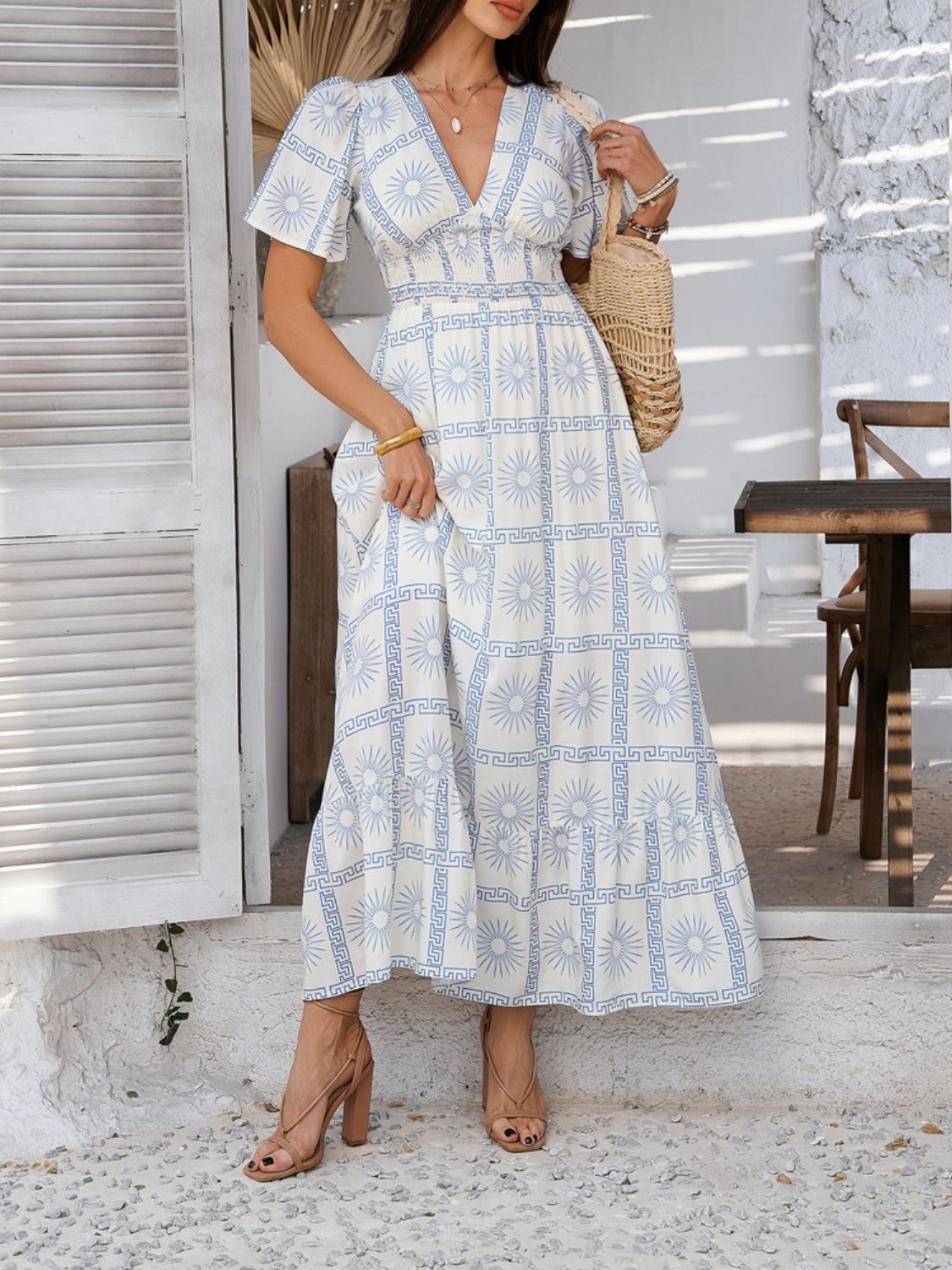 Devine Smocked Printed V-Neck Short Sleeve Maxi Dress