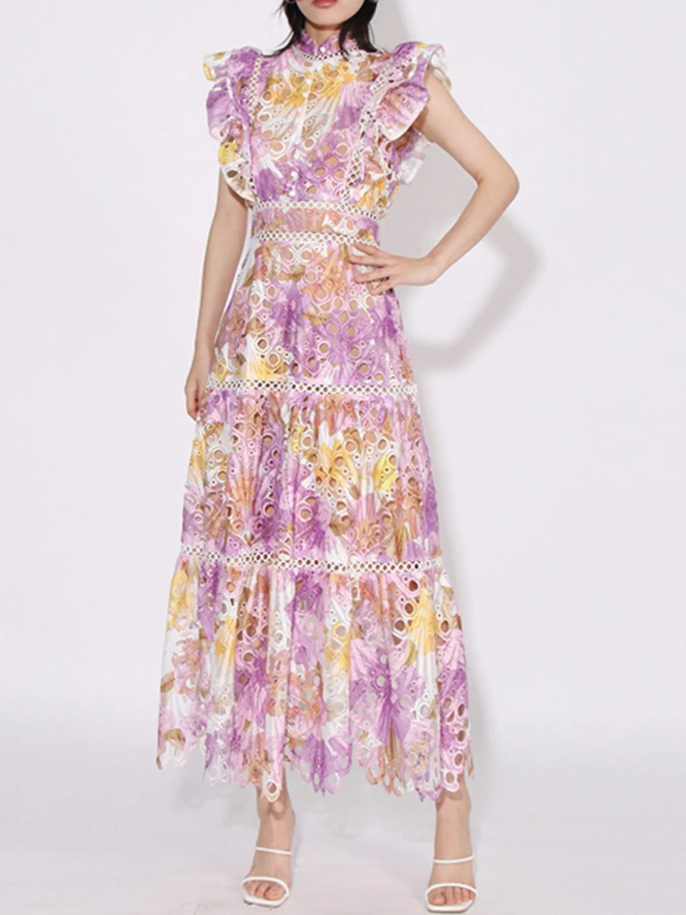 Ruffled Hollow Out Tiered Midi Dress