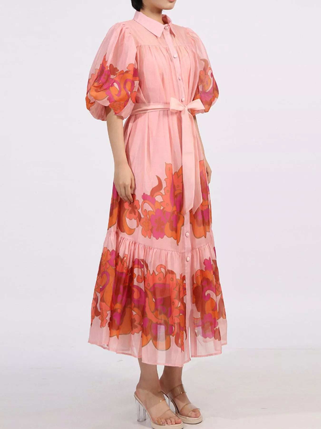 Button Front Puff Sleeve Dress
