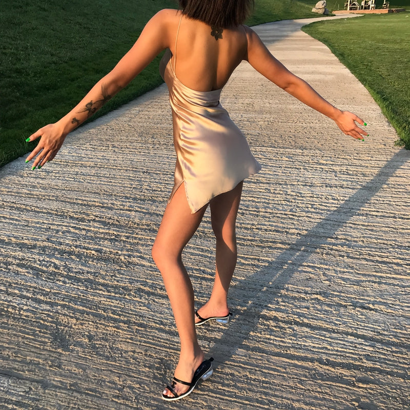 Champagne Banquet Dress Split Suspender Skirt
