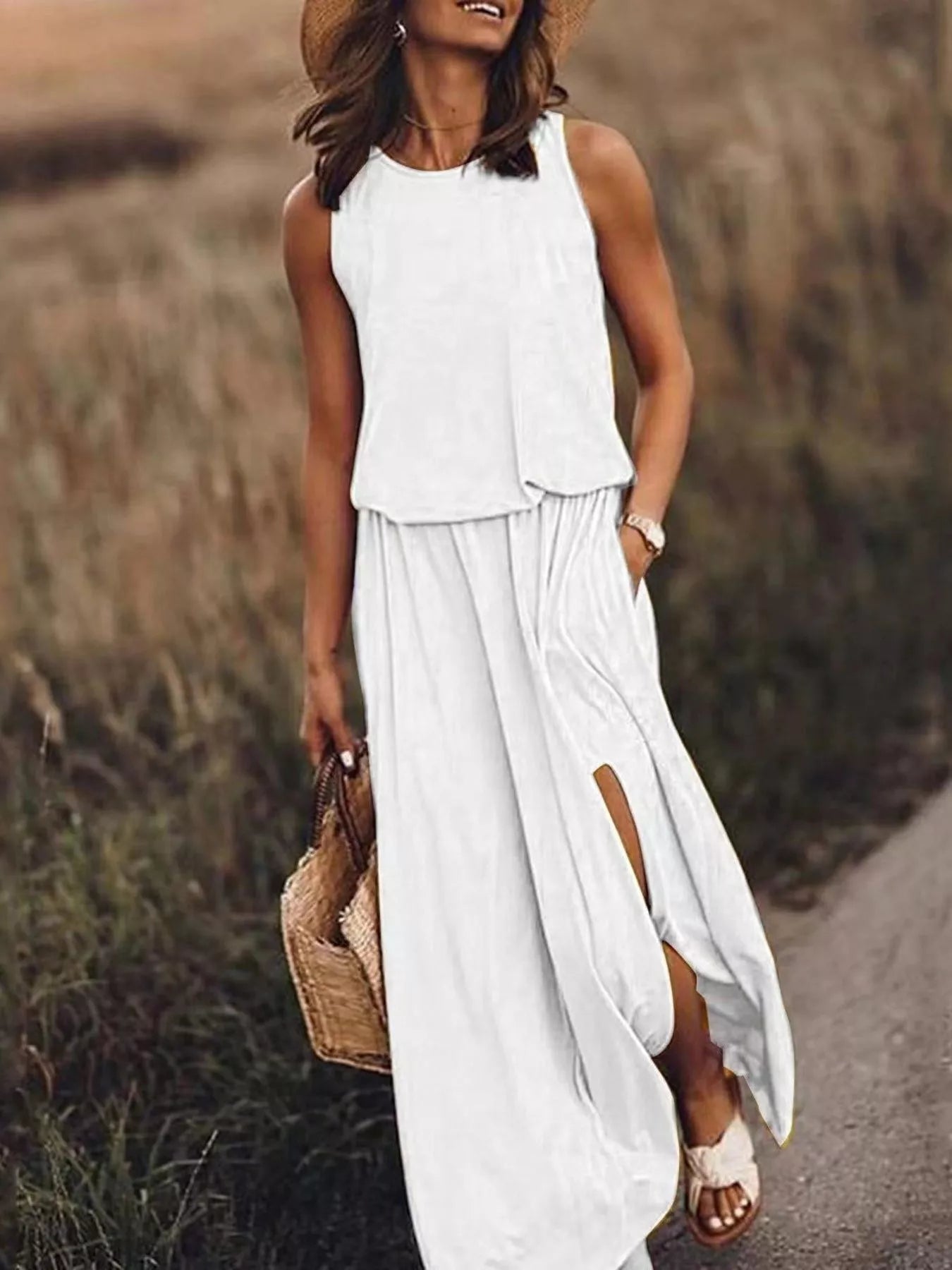 Round Neck Sleeveless Slit Maxi Dress