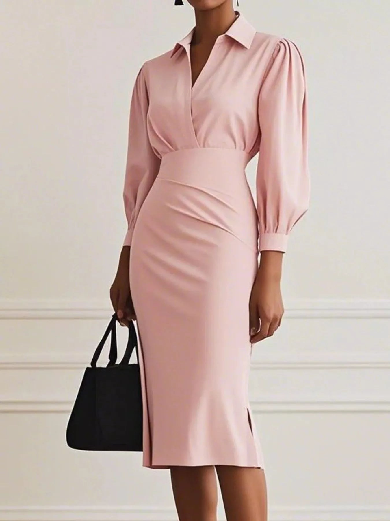 Ruched Midi Shirt Dress with Side Slit