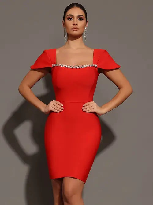 Saliya Rhinestone Off-neck  Bandage Dress