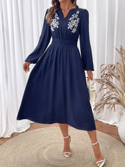 Embroidered Notched Long Sleeve Midi Dress