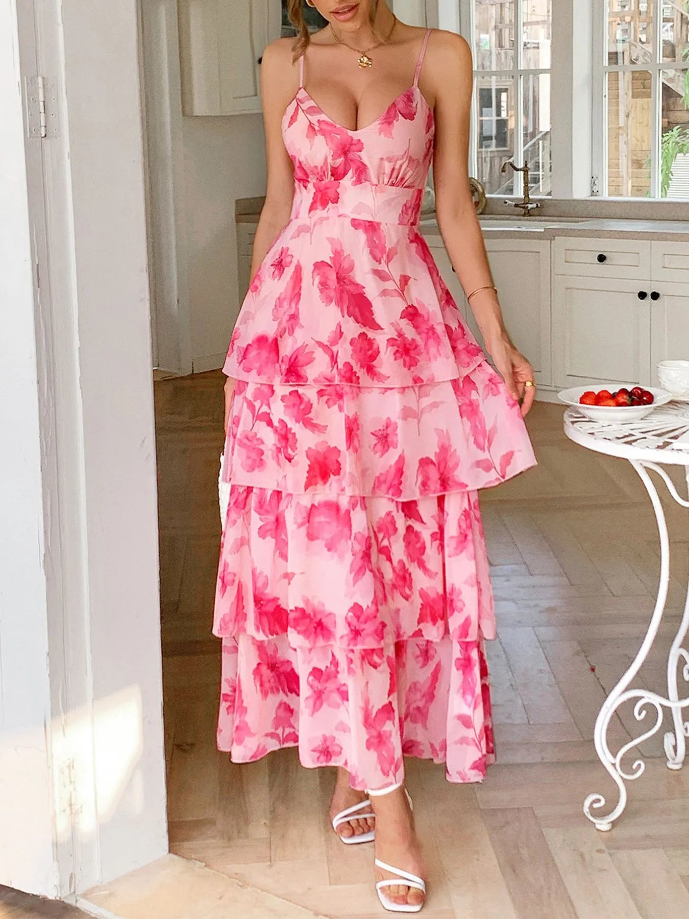 Floral Print Layered Maxi Cami Dress