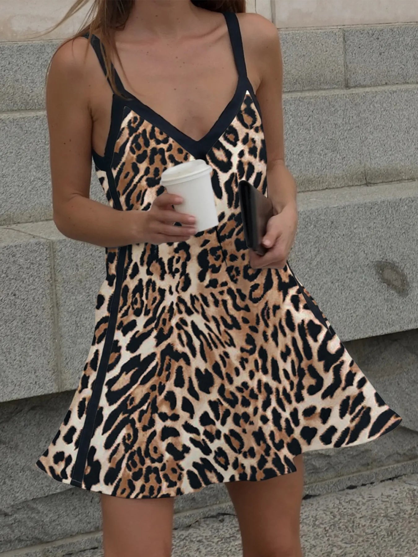 Leopard Print V-neck Cami Swing Dress