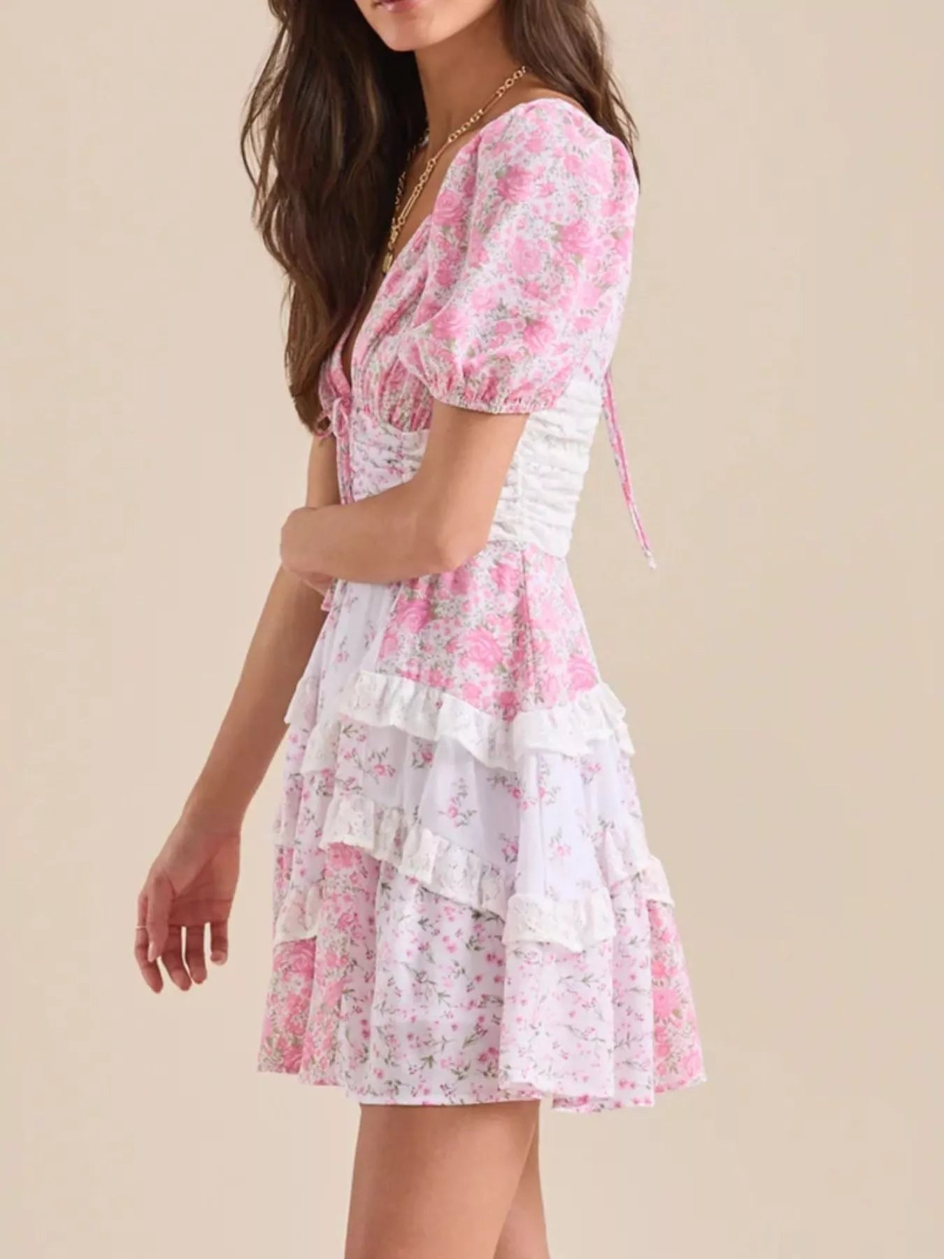 Floral Puff Sleeve Tiered Mini Dress