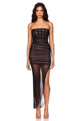 Aleia Strapless Ruched Mesh Maxi Dress