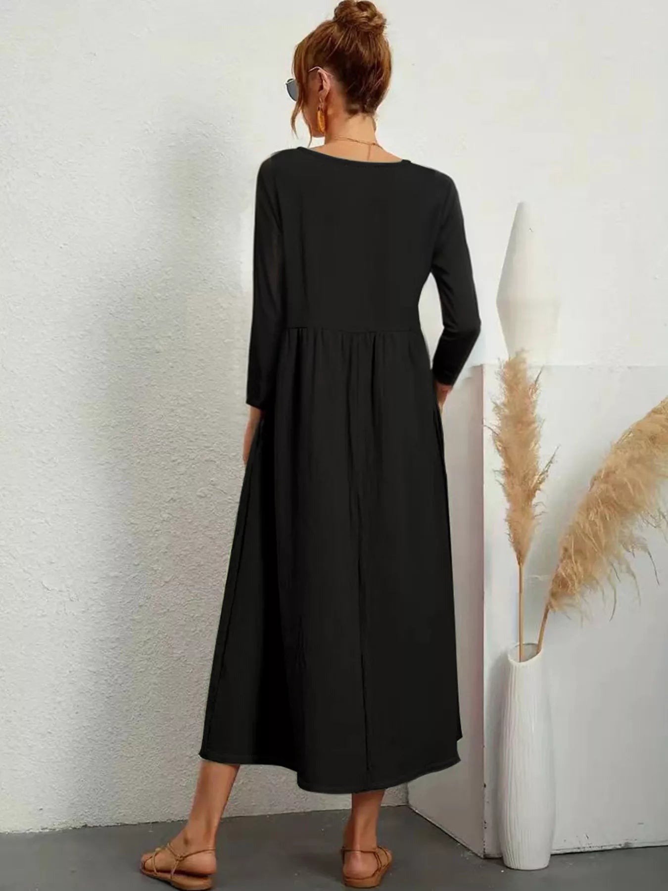 V-Neck Long Sleeve Pocketed Midi Dress