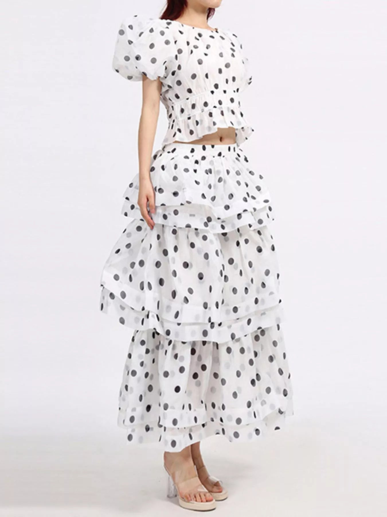 Polka Dot Puff Sleeve Top and Skirt Set