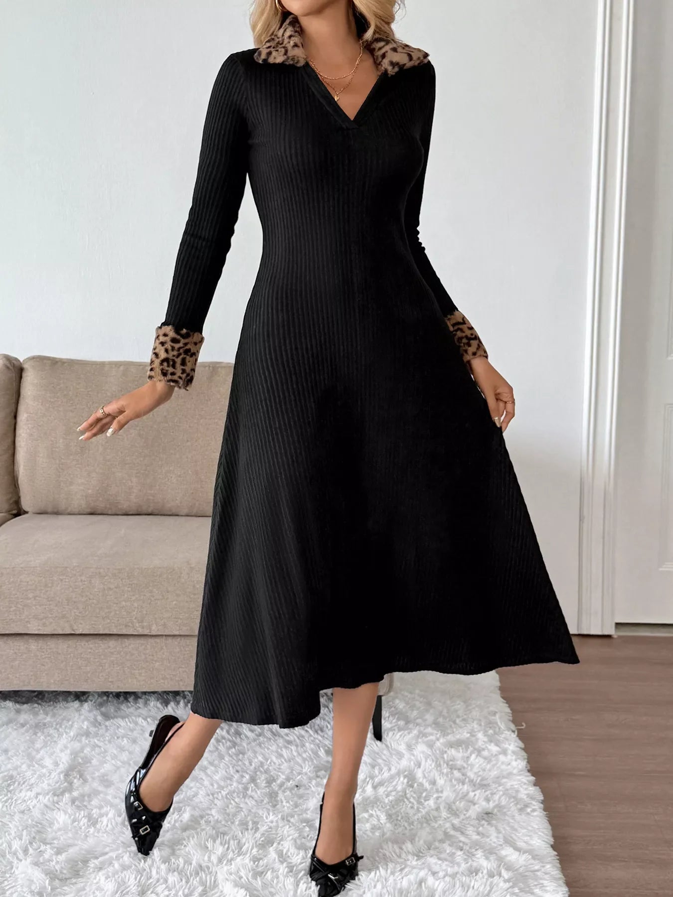 Leopard Cuff Johnny Collar Midi Dress