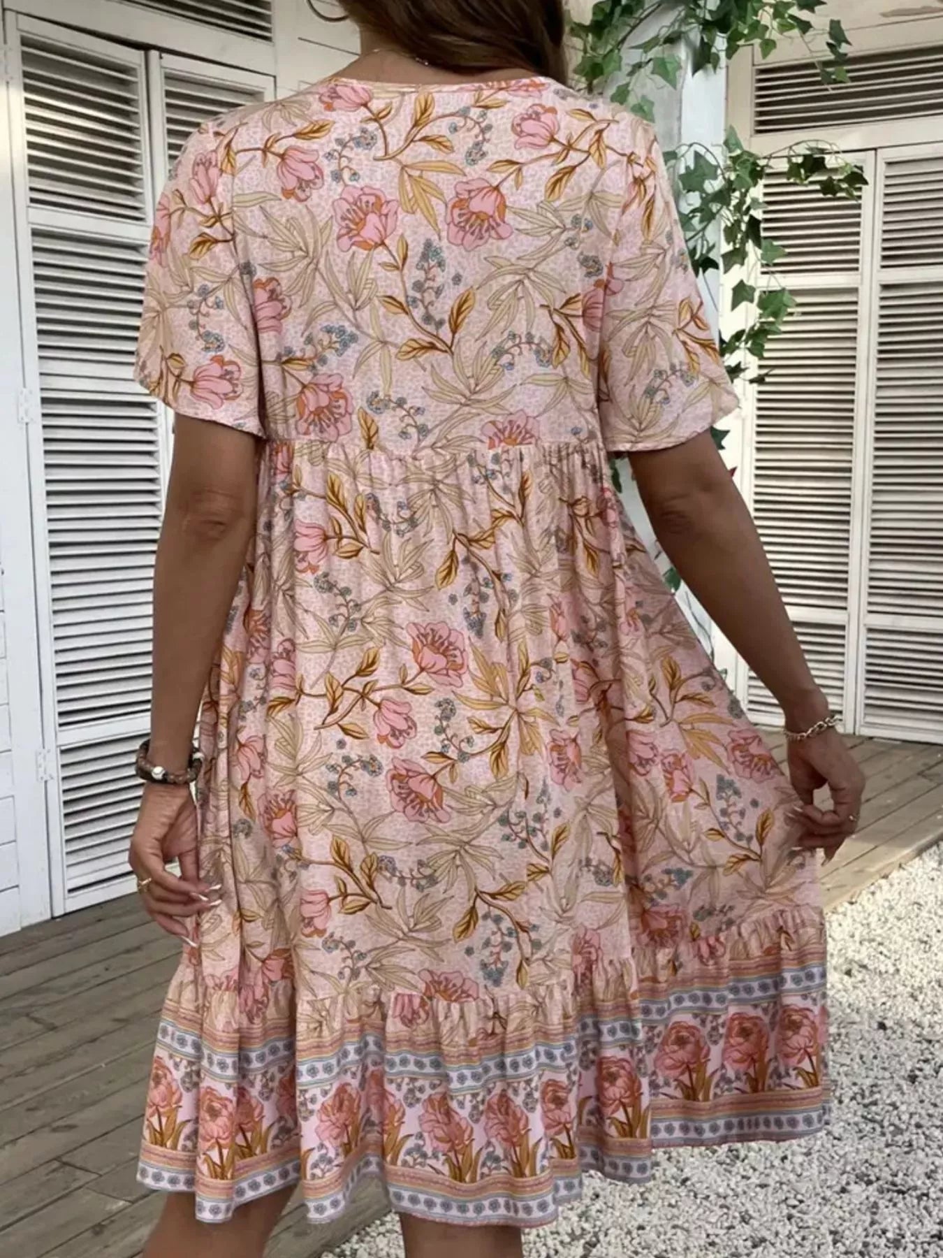 Printed Tie Neck Short Sleeve Mini Dress