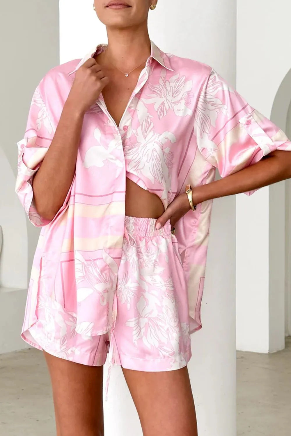 Printed Collared Neck Top and Shorts Set