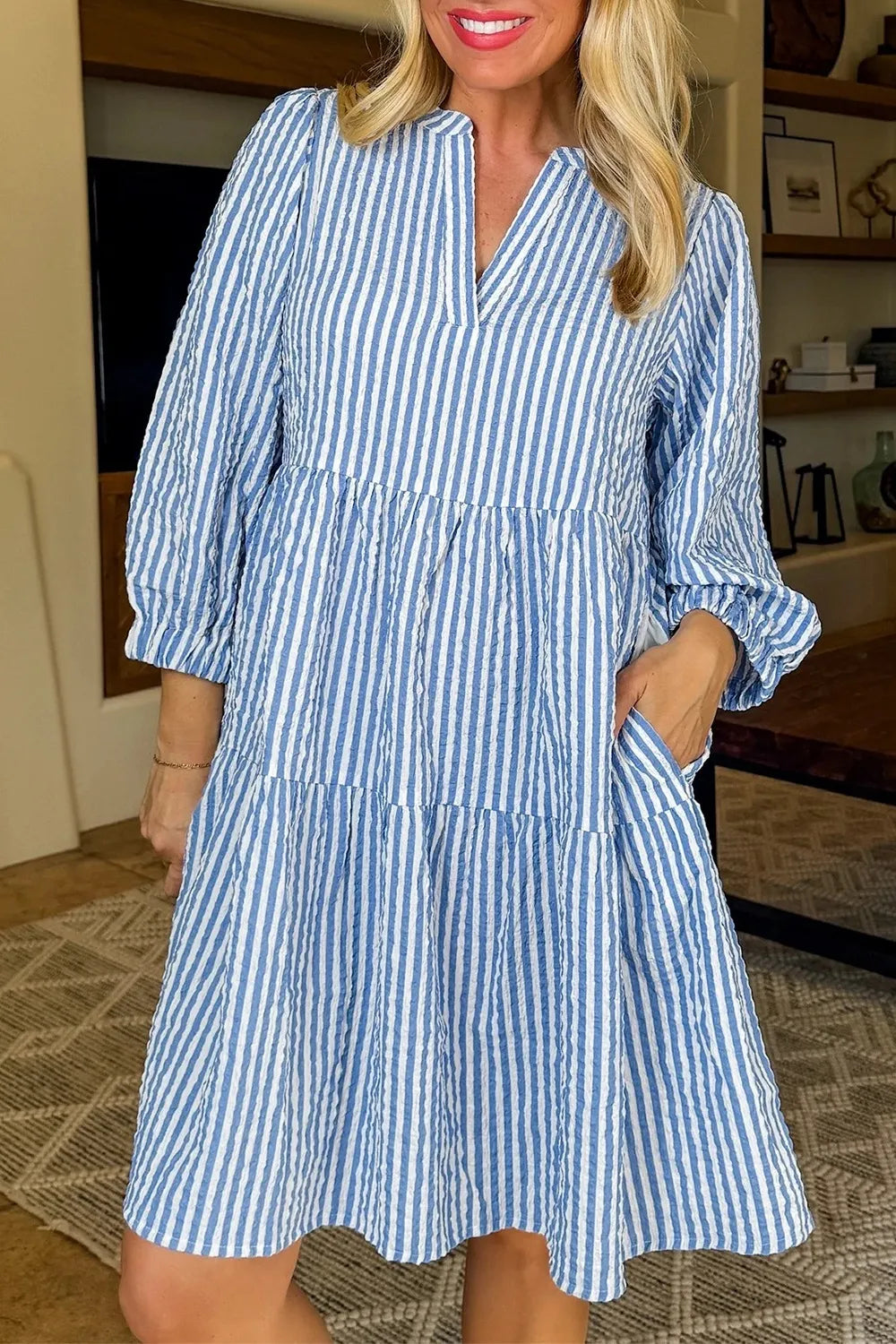 Stripe Tiered Shift Dress with Pockets