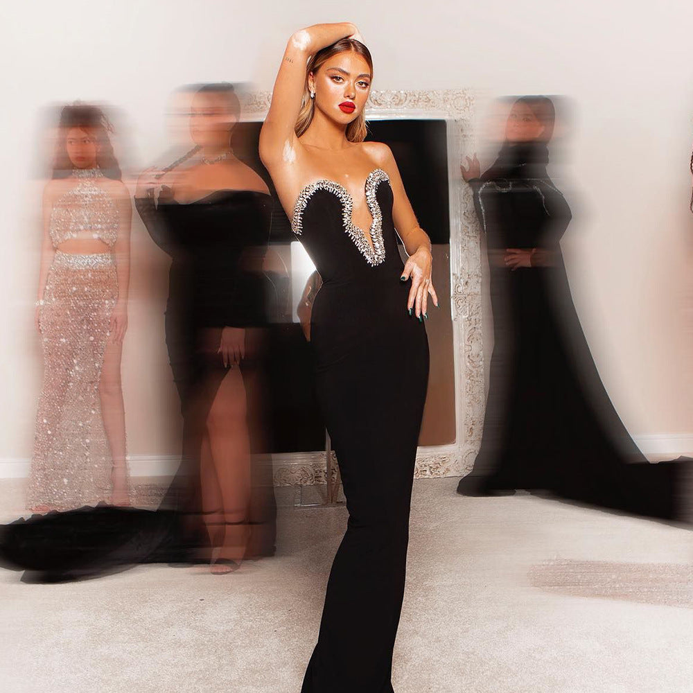 V-neck Diamond Black Bandage Dress