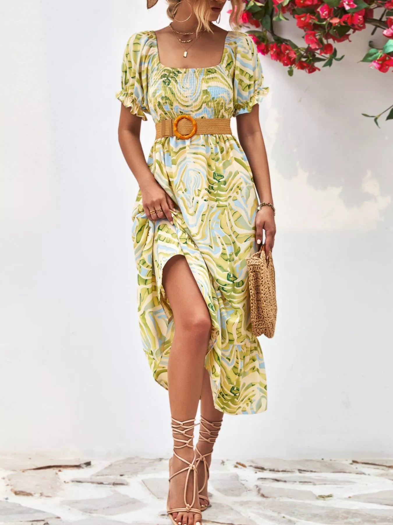 Smocked Printed Puff Sleeve Midi Dress