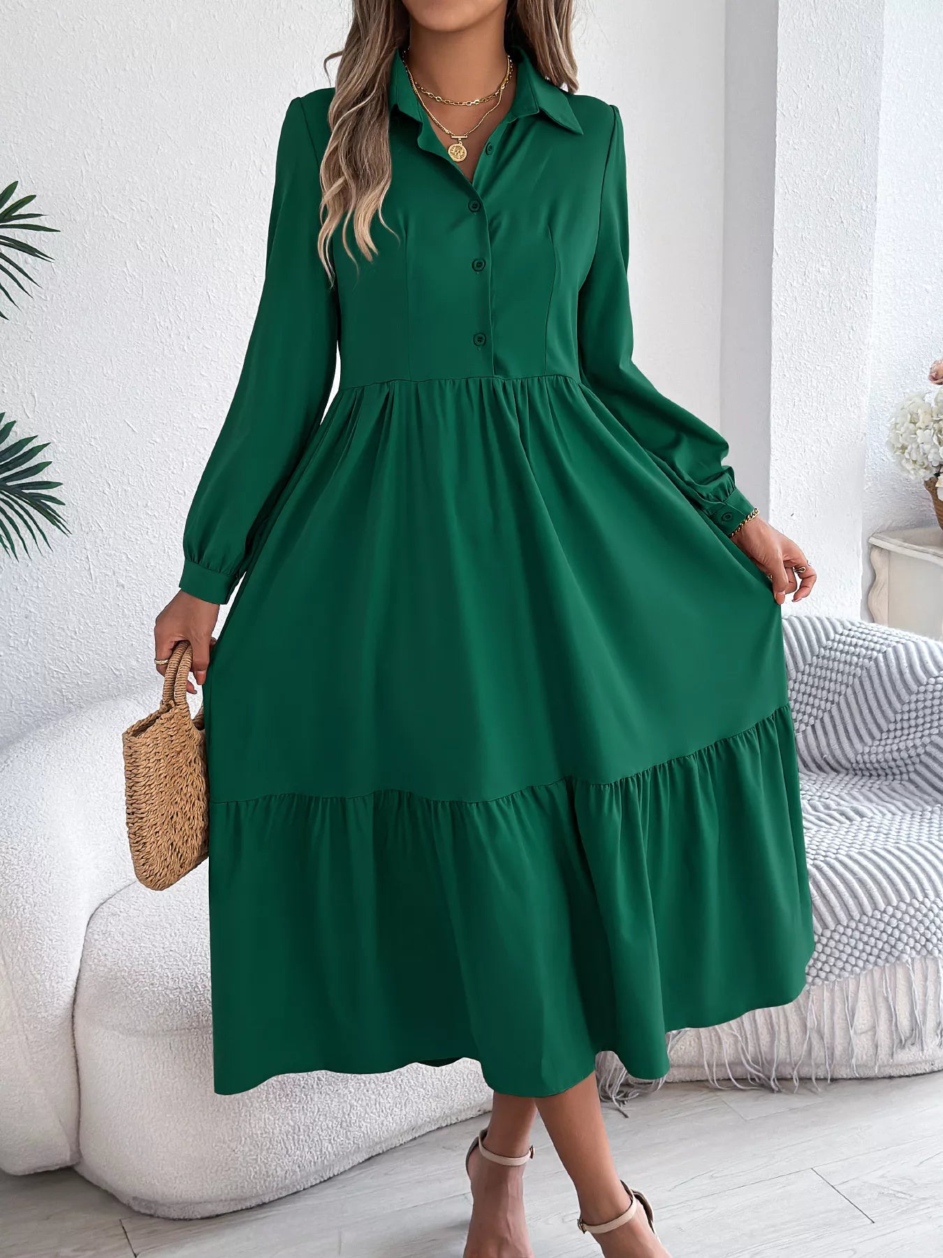 Long Sleeve Tiered Button Front Midi Dress