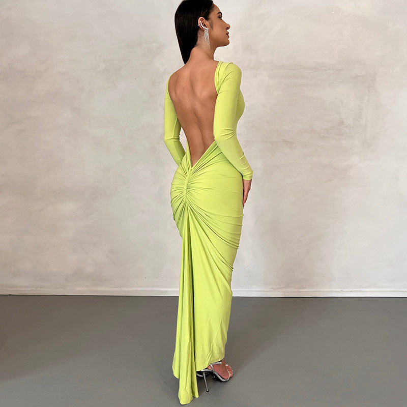 Backless Pleated Long Elegant Slim Dress