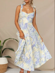 Floral Tie-Strap Sweetheart Neck Midi Dress