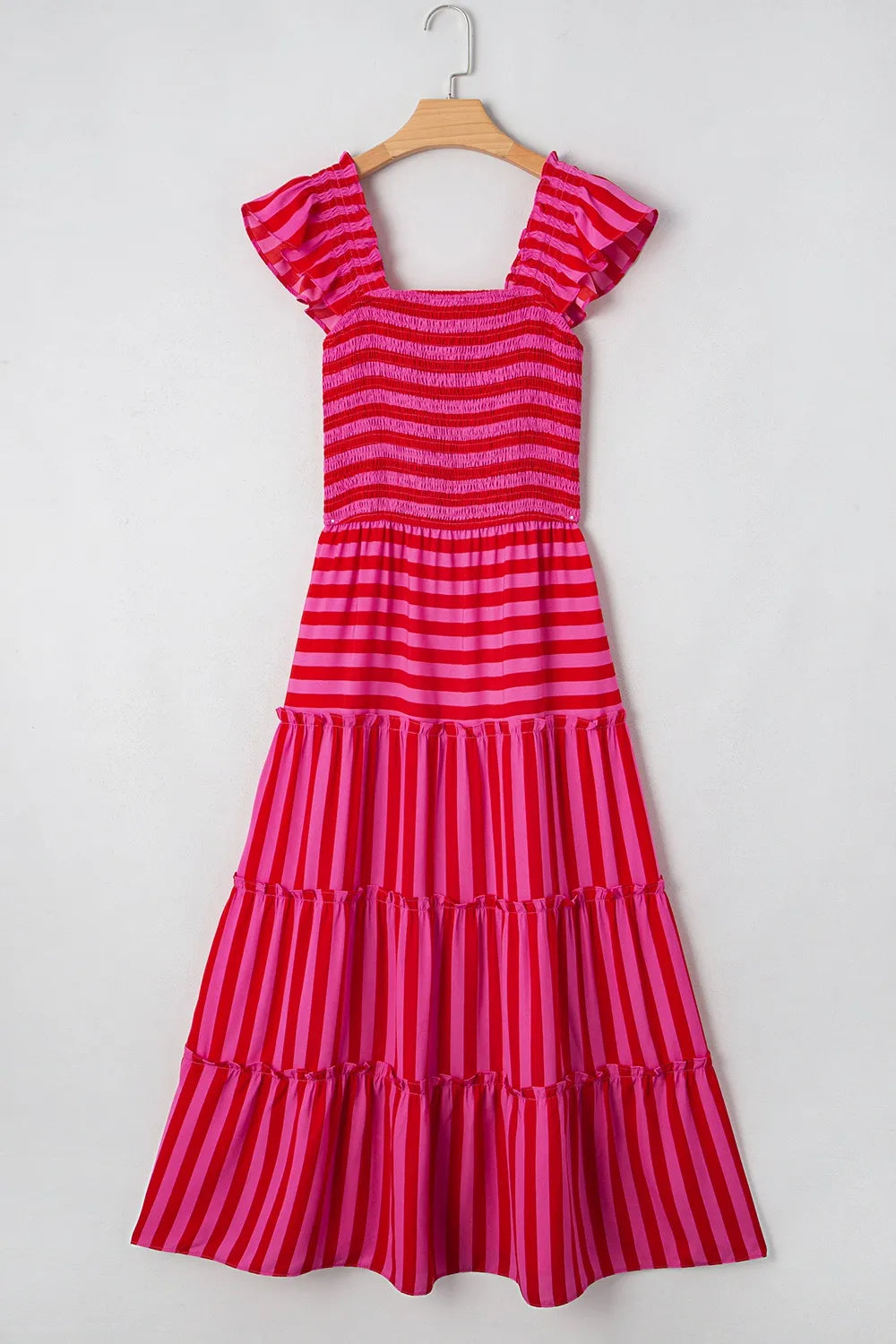 Stripe Flutter Sleeve Smocked Bodice Tiered Maxi Dress