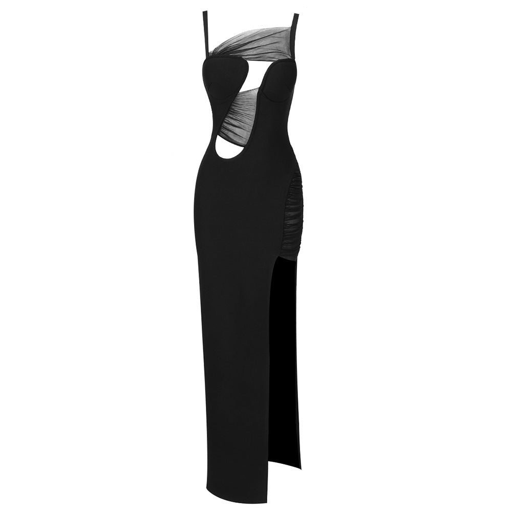 Elite Event Slit Long Mesh Dress-Black