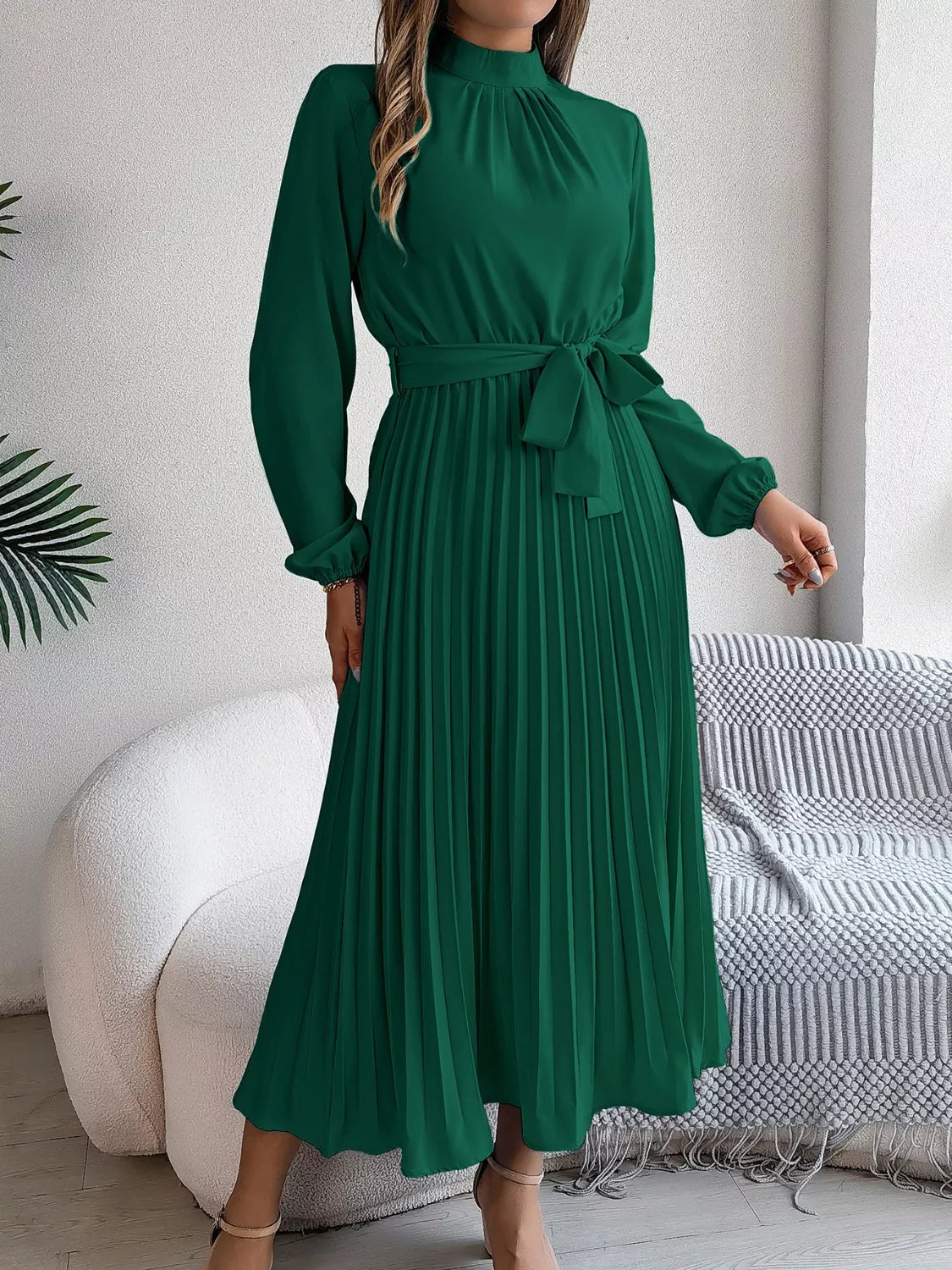 Mock Neck Pleated Midi Dress