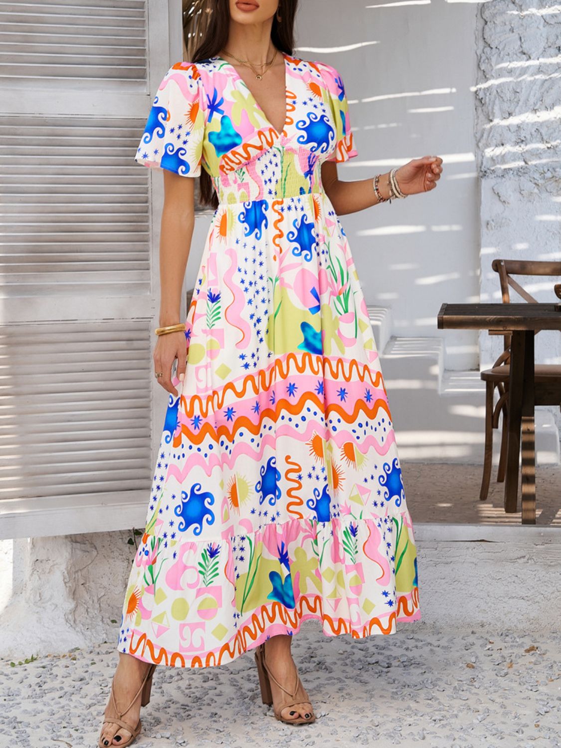 Devine Smocked Printed V-Neck Short Sleeve Maxi Dress