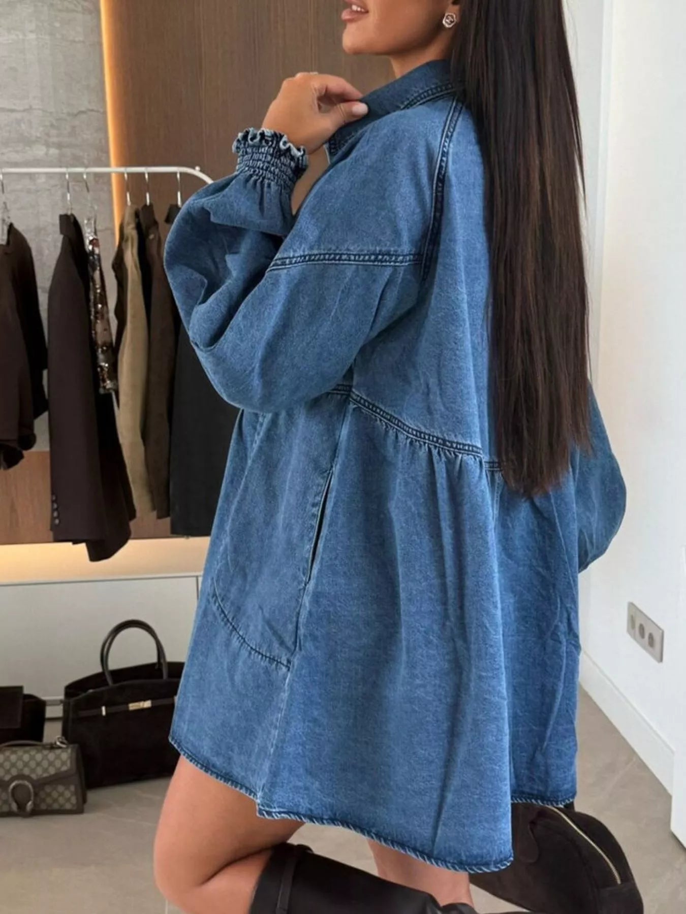 Button Down Mini Denim Dress with Front Pockets