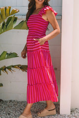 Stripe Flutter Sleeve Smocked Bodice Tiered Maxi Dress